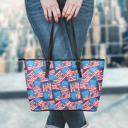 Grunge American Flag Pattern Print Leather Tote Bag