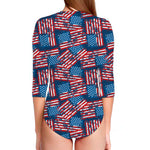 Grunge American Flag Pattern Print Long Sleeve Swimsuit