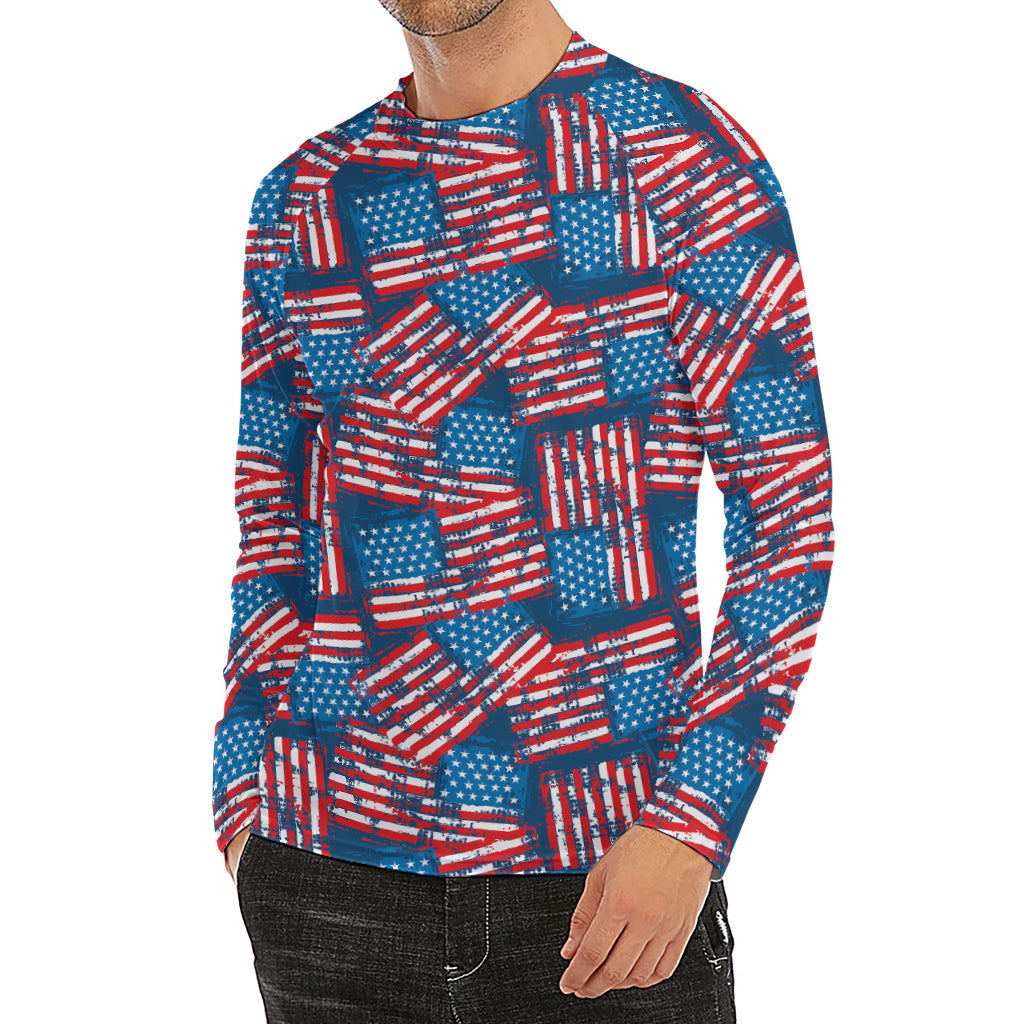 Grunge American Flag Pattern Print Men's Long Sleeve Rash Guard