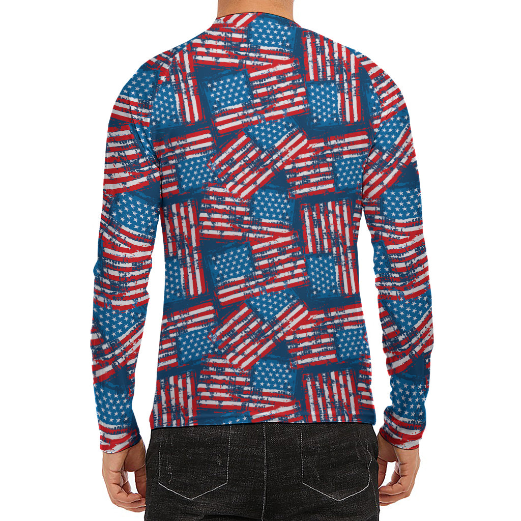 Grunge American Flag Pattern Print Men's Long Sleeve Rash Guard