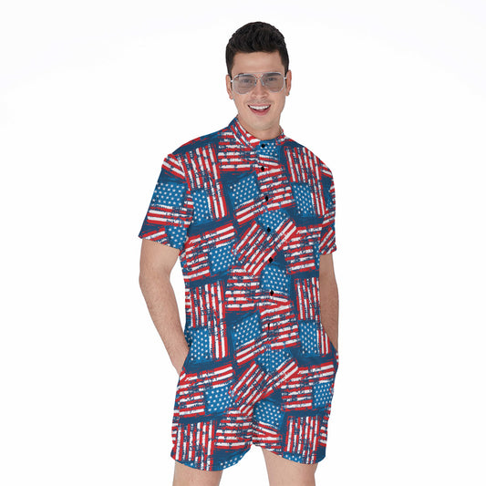 Grunge American Flag Pattern Print Men's Rompers