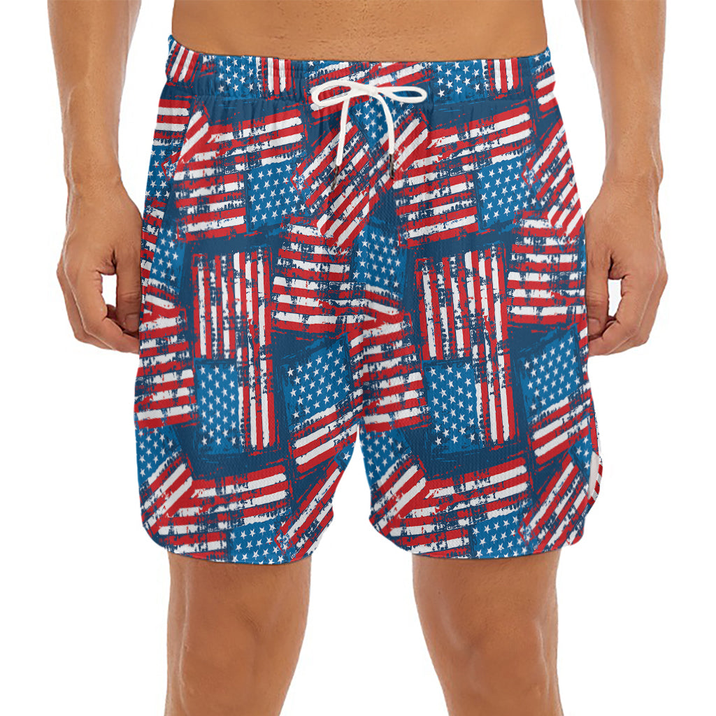 Grunge American Flag Pattern Print Men's Split Running Shorts