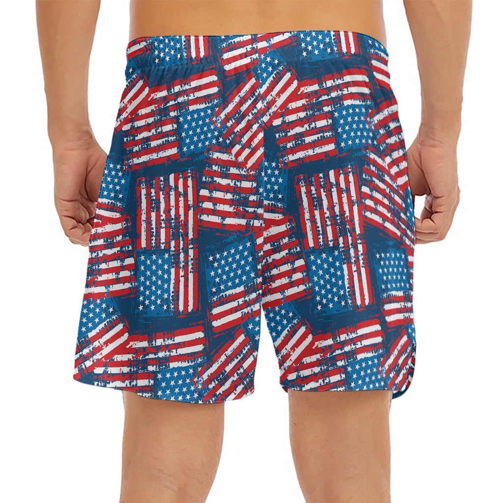 Grunge American Flag Pattern Print Men's Split Running Shorts