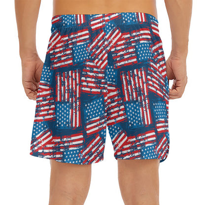 Grunge American Flag Pattern Print Men's Split Running Shorts