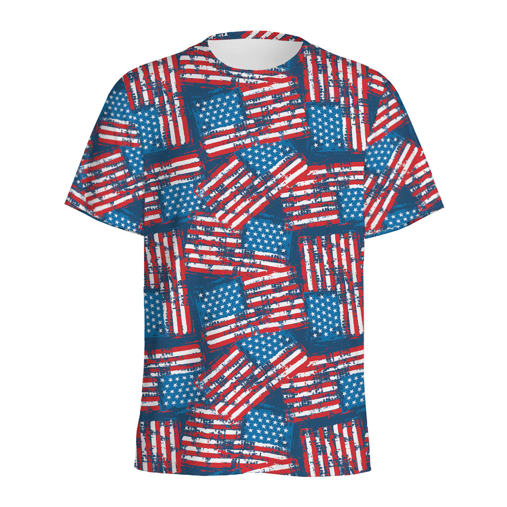 Grunge American Flag Pattern Print Men's Sports T-Shirt
