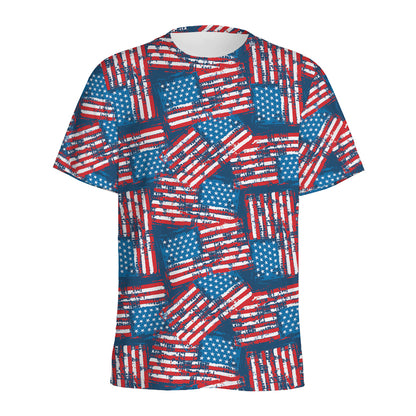 Grunge American Flag Pattern Print Men's Sports T-Shirt