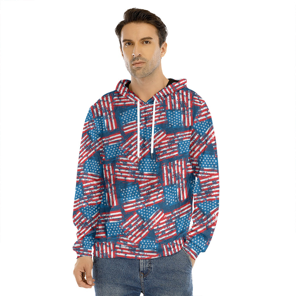 Grunge American Flag Pattern Print Men's Velvet Pullover Hoodie