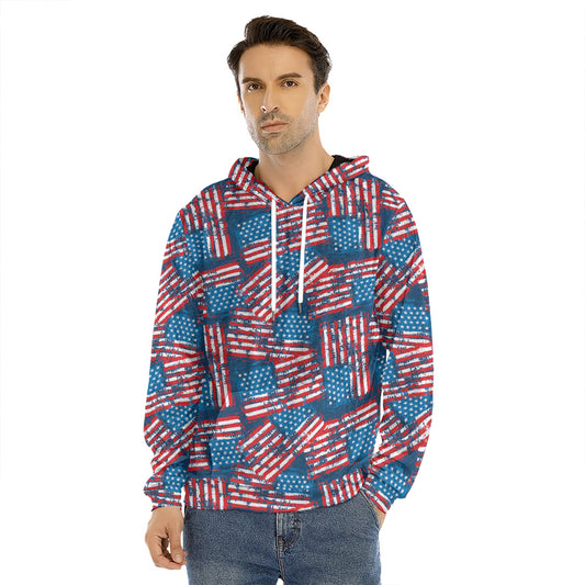 Grunge American Flag Pattern Print Men's Velvet Pullover Hoodie