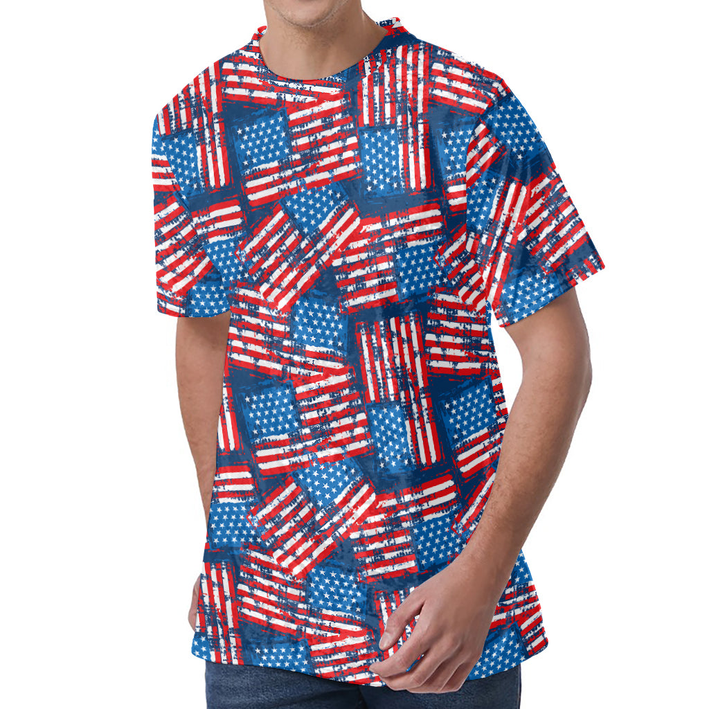 Grunge American Flag Pattern Print Men's Velvet T-Shirt