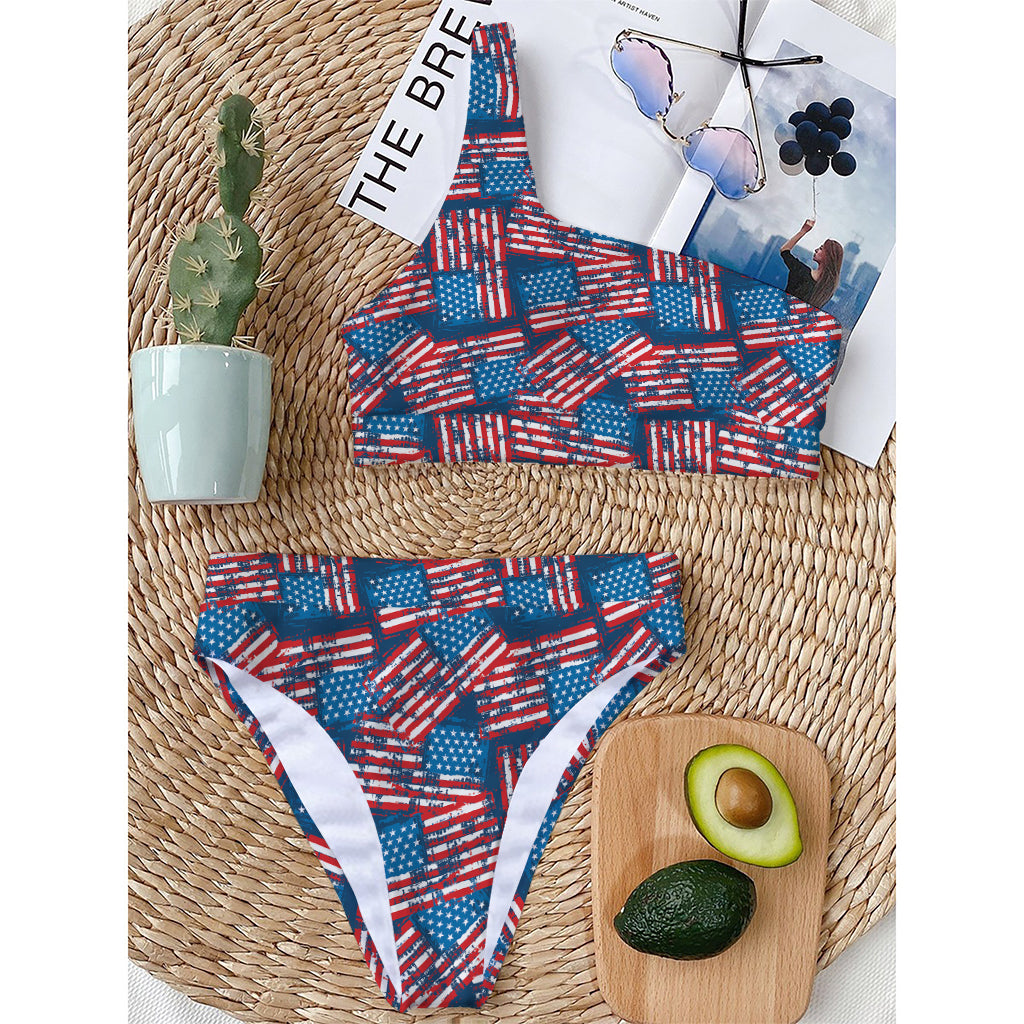 Grunge American Flag Pattern Print One Shoulder Bikini Top