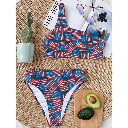 Grunge American Flag Pattern Print One Shoulder Bikini Top