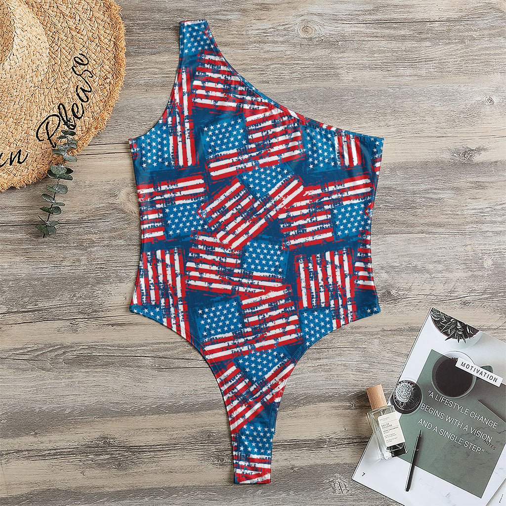 Grunge American Flag Pattern Print One Shoulder Bodysuit