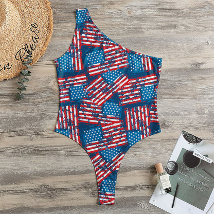 Grunge American Flag Pattern Print One Shoulder Bodysuit