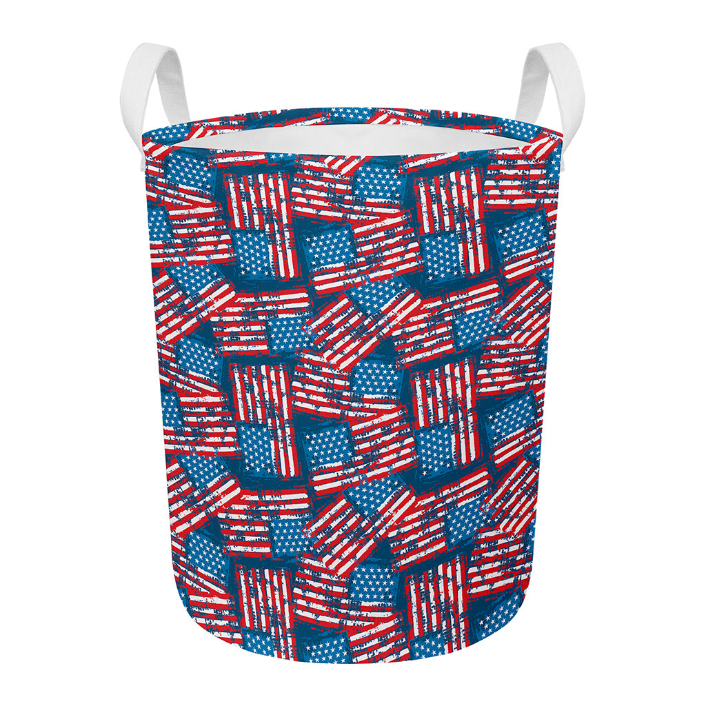 Grunge American Flag Pattern Print Round Laundry Basket