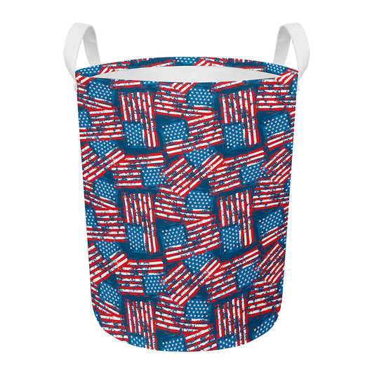 Grunge American Flag Pattern Print Round Laundry Basket