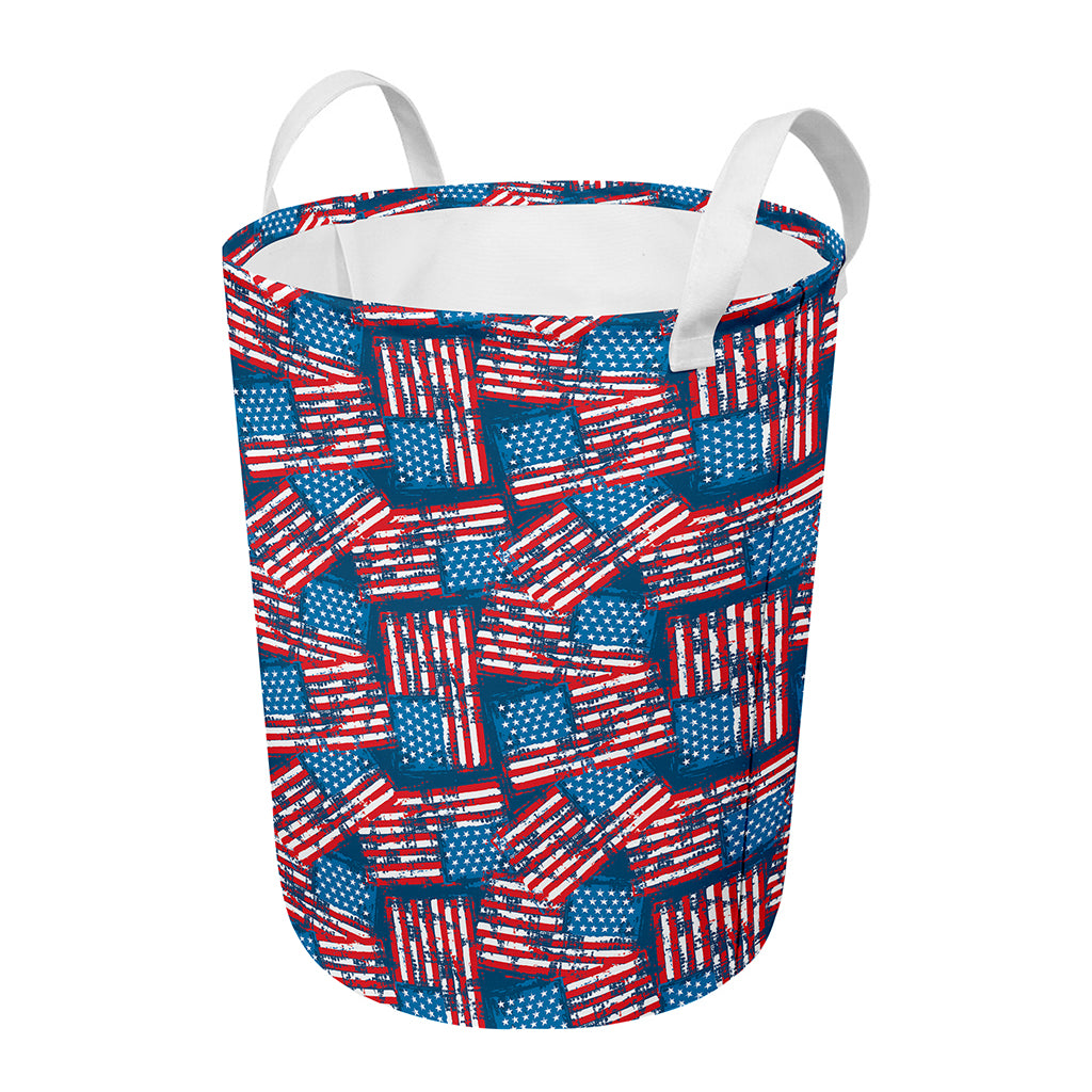 Grunge American Flag Pattern Print Round Laundry Basket