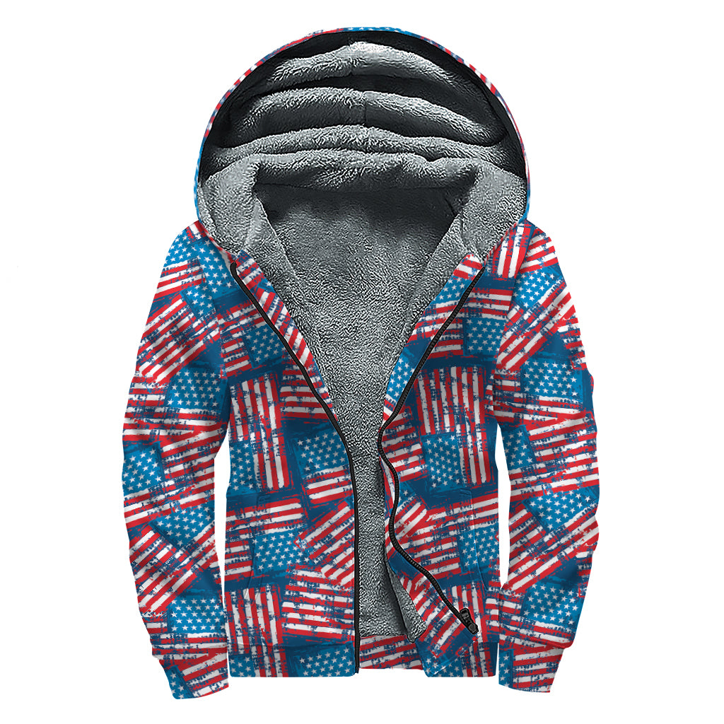Grunge American Flag Pattern Print Sherpa Lined Zip Up Hoodie