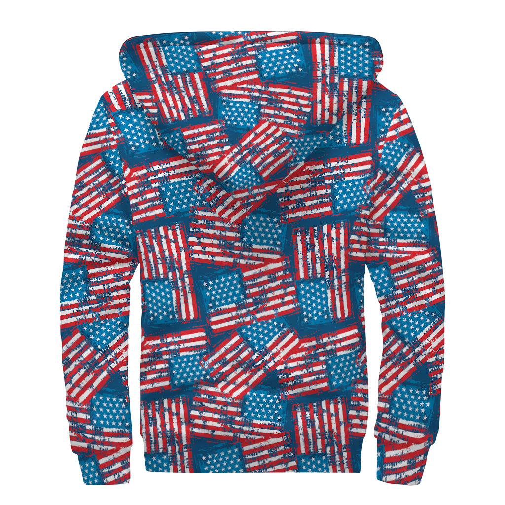 Grunge American Flag Pattern Print Sherpa Lined Zip Up Hoodie