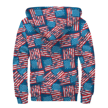 Grunge American Flag Pattern Print Sherpa Lined Zip Up Hoodie