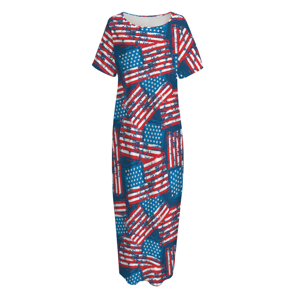 Grunge American Flag Pattern Print Short Sleeve Long Nightdress