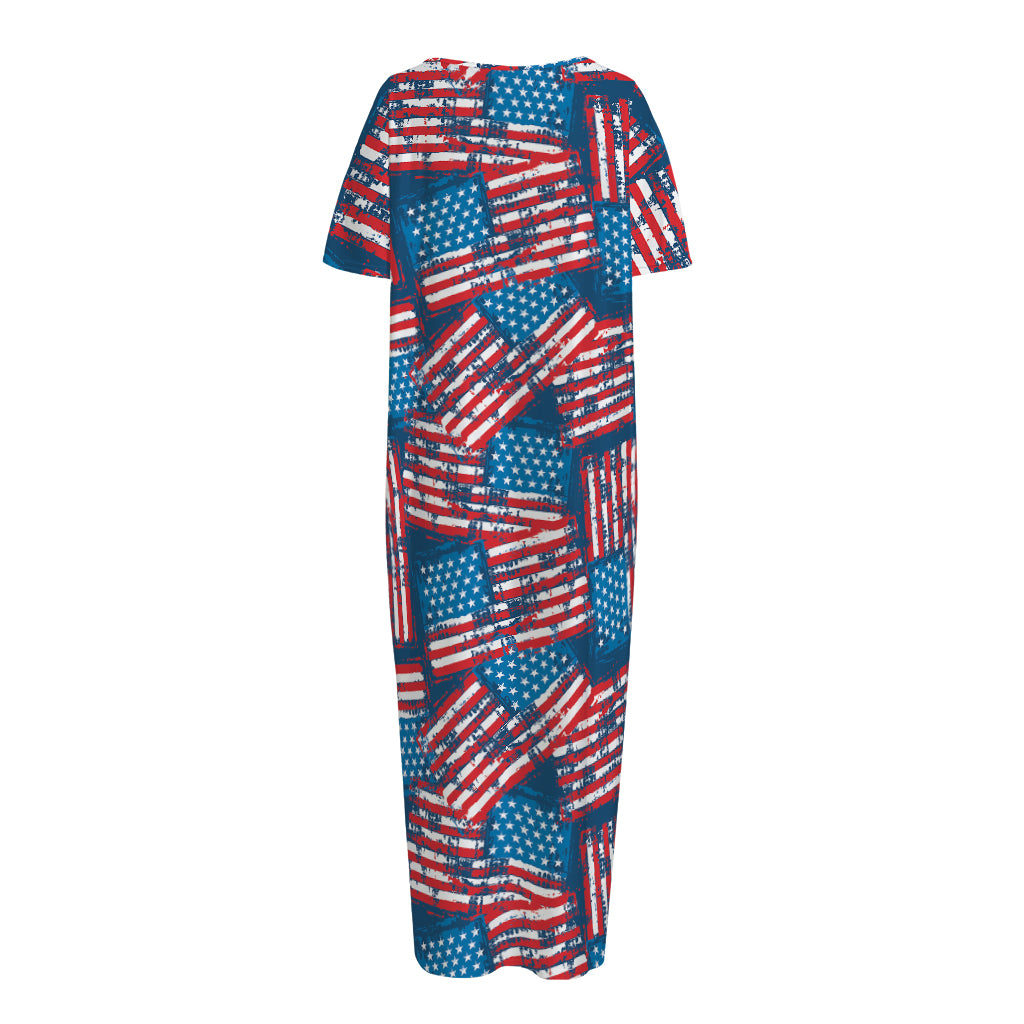 Grunge American Flag Pattern Print Short Sleeve Long Nightdress