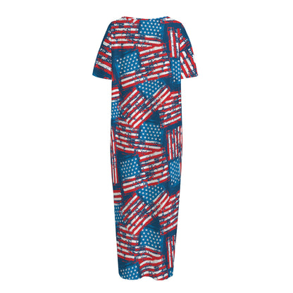 Grunge American Flag Pattern Print Short Sleeve Long Nightdress