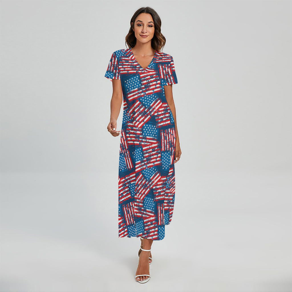 Grunge American Flag Pattern Print Short Sleeve Maxi Dress