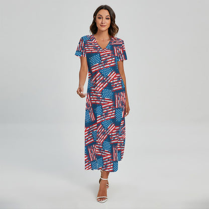 Grunge American Flag Pattern Print Short Sleeve Maxi Dress