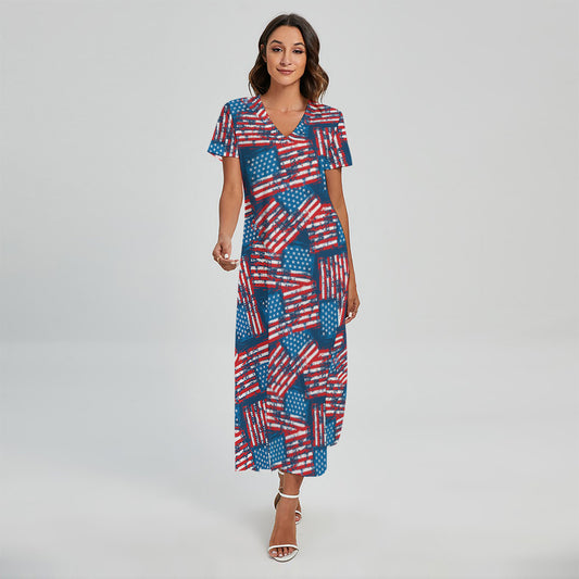 Grunge American Flag Pattern Print Short Sleeve Maxi Dress