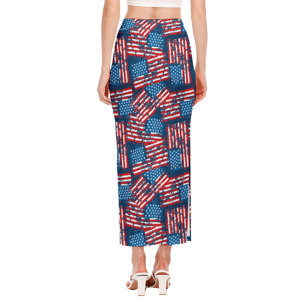 Grunge American Flag Pattern Print Side Slit Maxi Skirt
