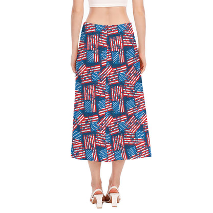Grunge American Flag Pattern Print Side Slit Midi Skirt