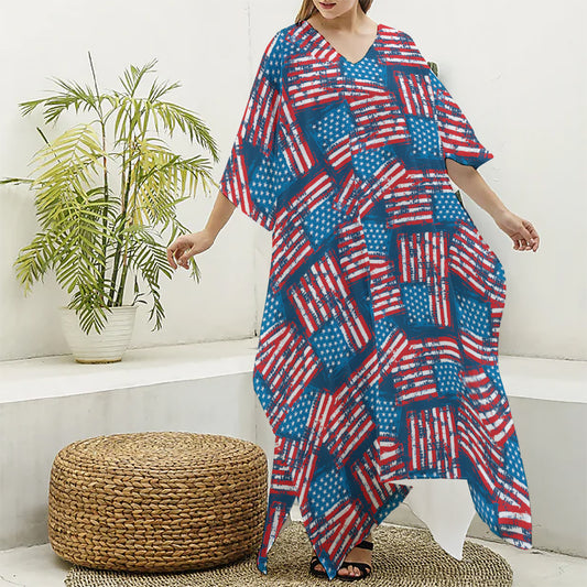 Grunge American Flag Pattern Print Silk V-Neck Kaftan Dress