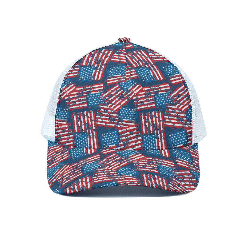 Grunge American Flag Pattern Print White Mesh Trucker Cap