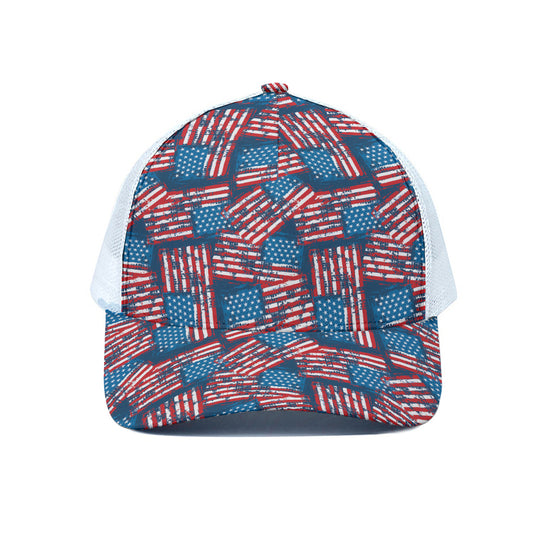 Grunge American Flag Pattern Print White Mesh Trucker Cap