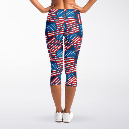 Grunge American Flag Pattern Print Women's Capri Leggings
