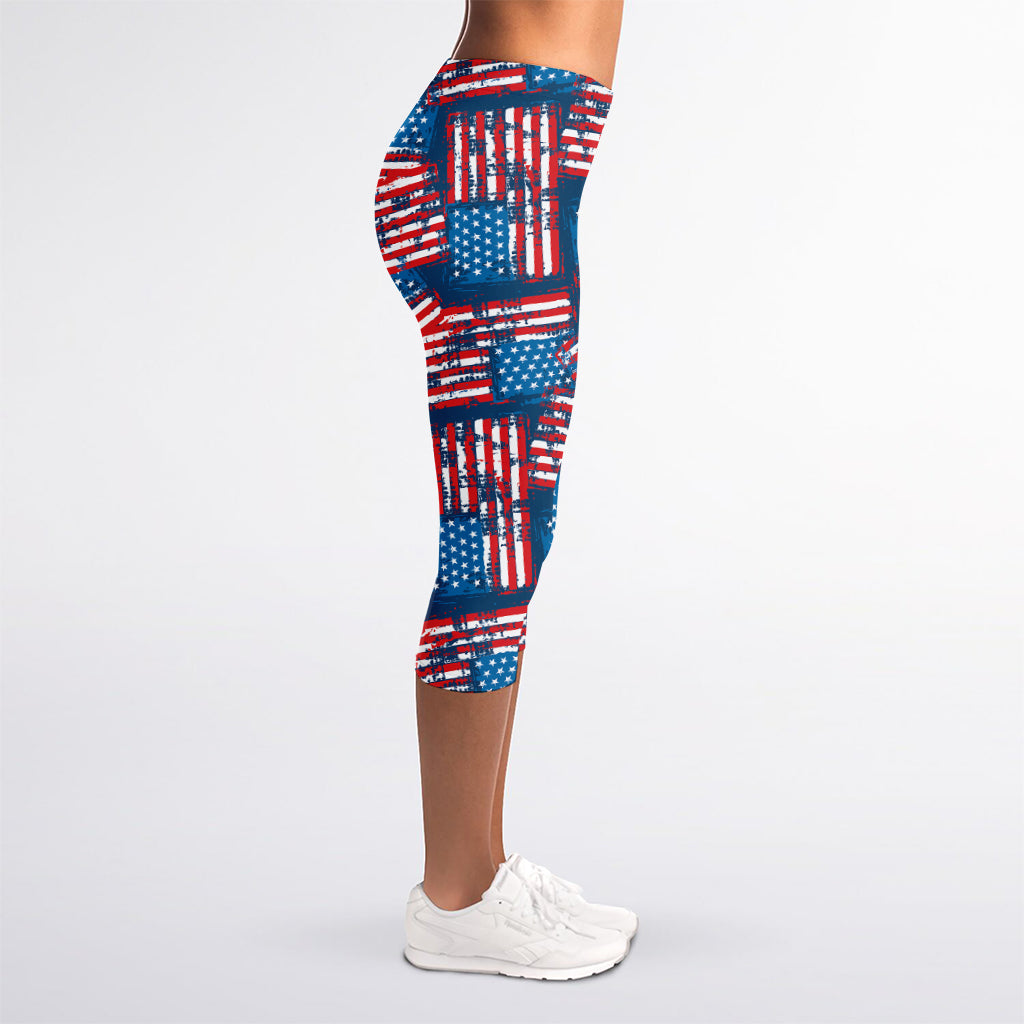 Grunge American Flag Pattern Print Women's Capri Leggings