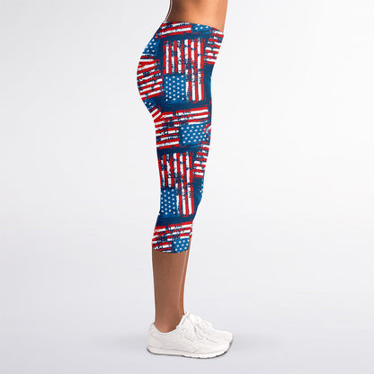 Grunge American Flag Pattern Print Women's Capri Leggings