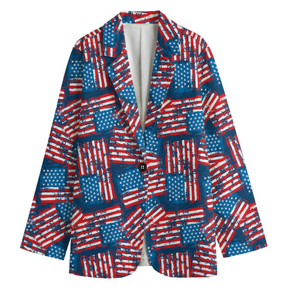 Grunge American Flag Pattern Print Women's Cotton Blazer