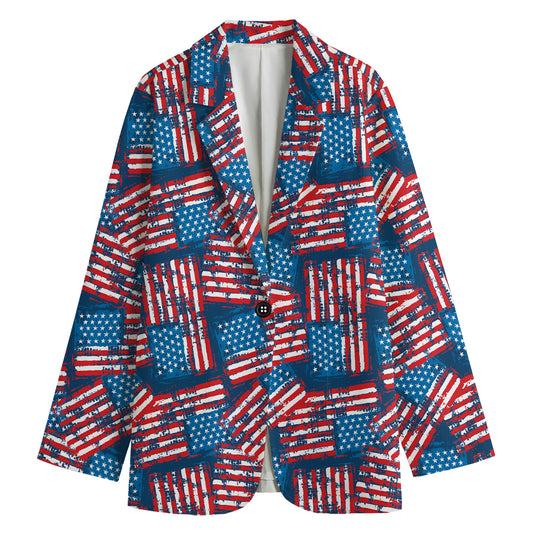 Grunge American Flag Pattern Print Women's Cotton Blazer