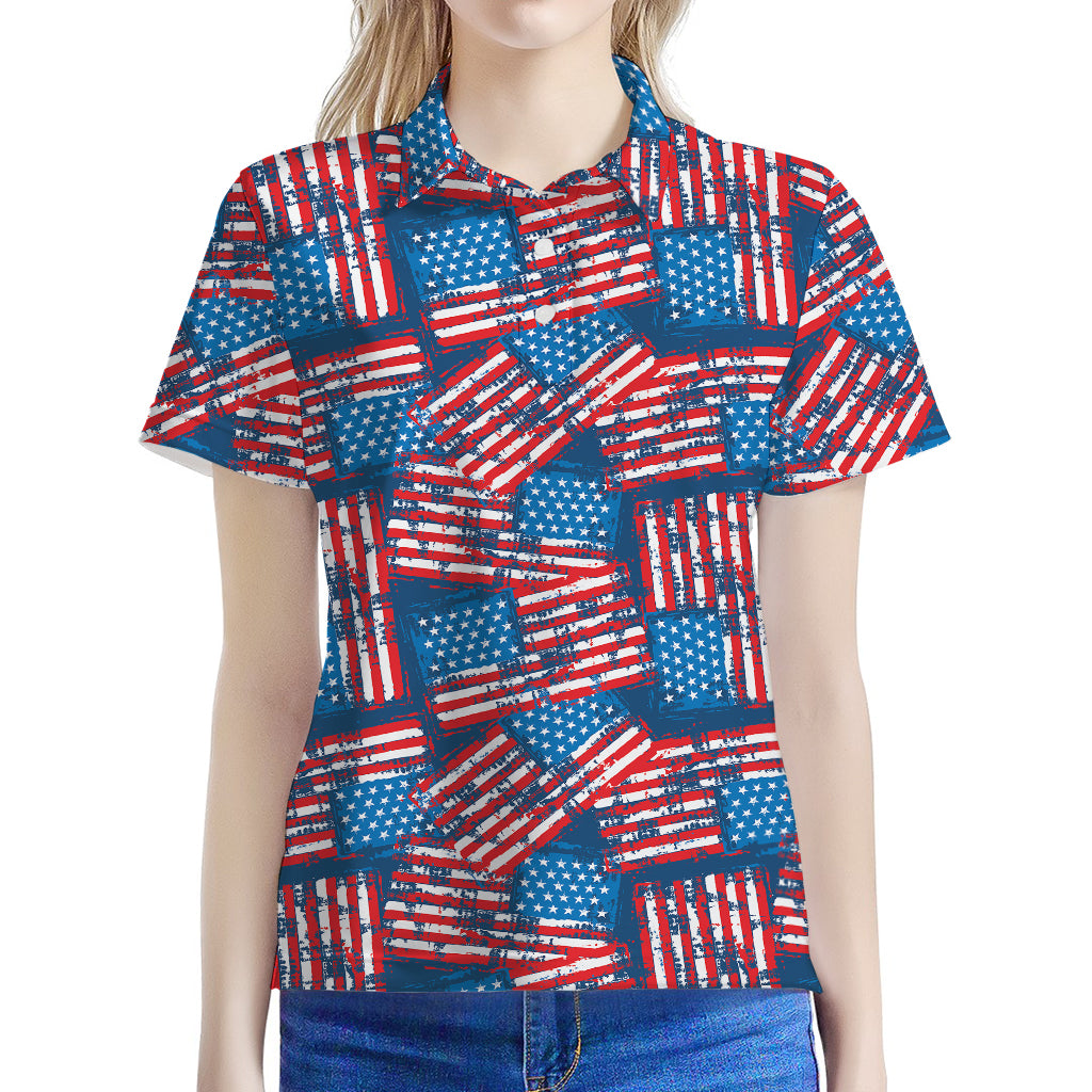 Grunge American Flag Pattern Print Women's Polo Shirt