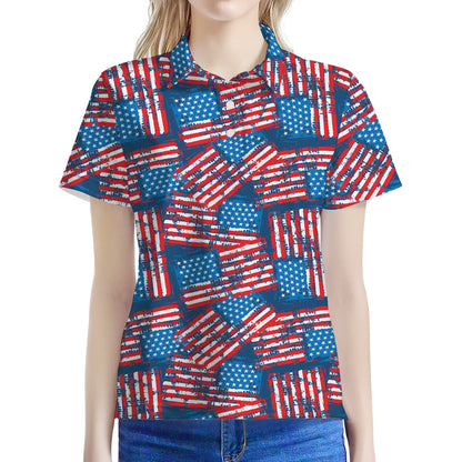 Grunge American Flag Pattern Print Women's Polo Shirt
