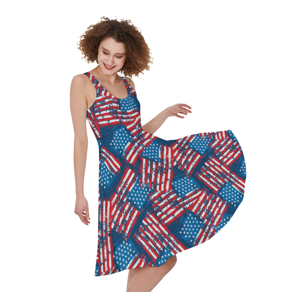 Grunge American Flag Pattern Print Women's Sleeveless Dress