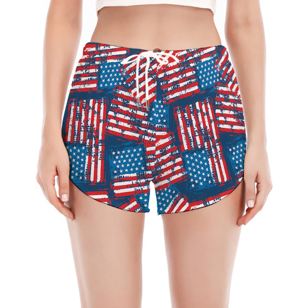 Grunge American Flag Pattern Print Women's Split Running Shorts