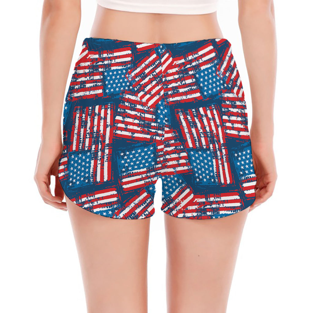 Grunge American Flag Pattern Print Women's Split Running Shorts