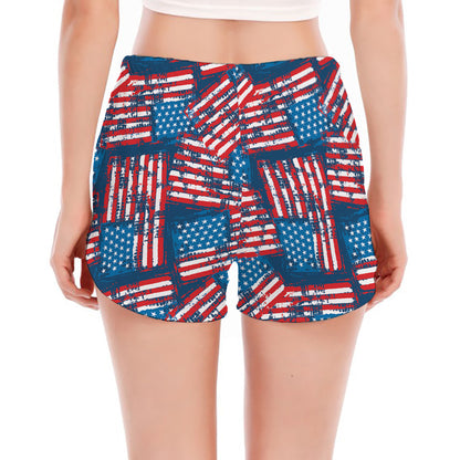Grunge American Flag Pattern Print Women's Split Running Shorts