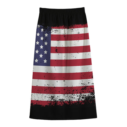 Grunge American Flag Print Cotton Front Slit Maxi Skirt