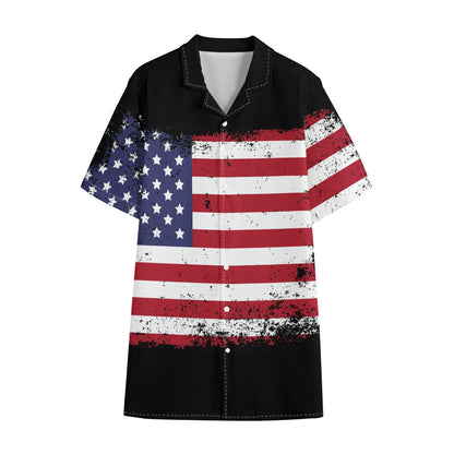 Grunge American Flag Print Cotton Hawaiian Shirt