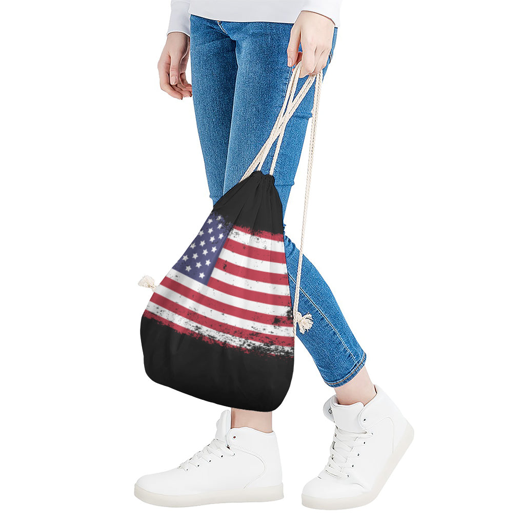 Grunge American Flag Print Drawstring Bag
