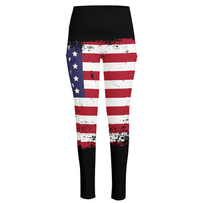 Grunge American Flag Print High-Waisted Pocket Leggings