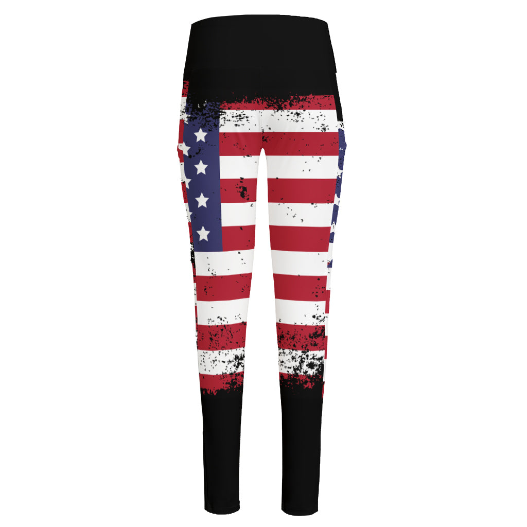 Grunge American Flag Print High-Waisted Pocket Leggings
